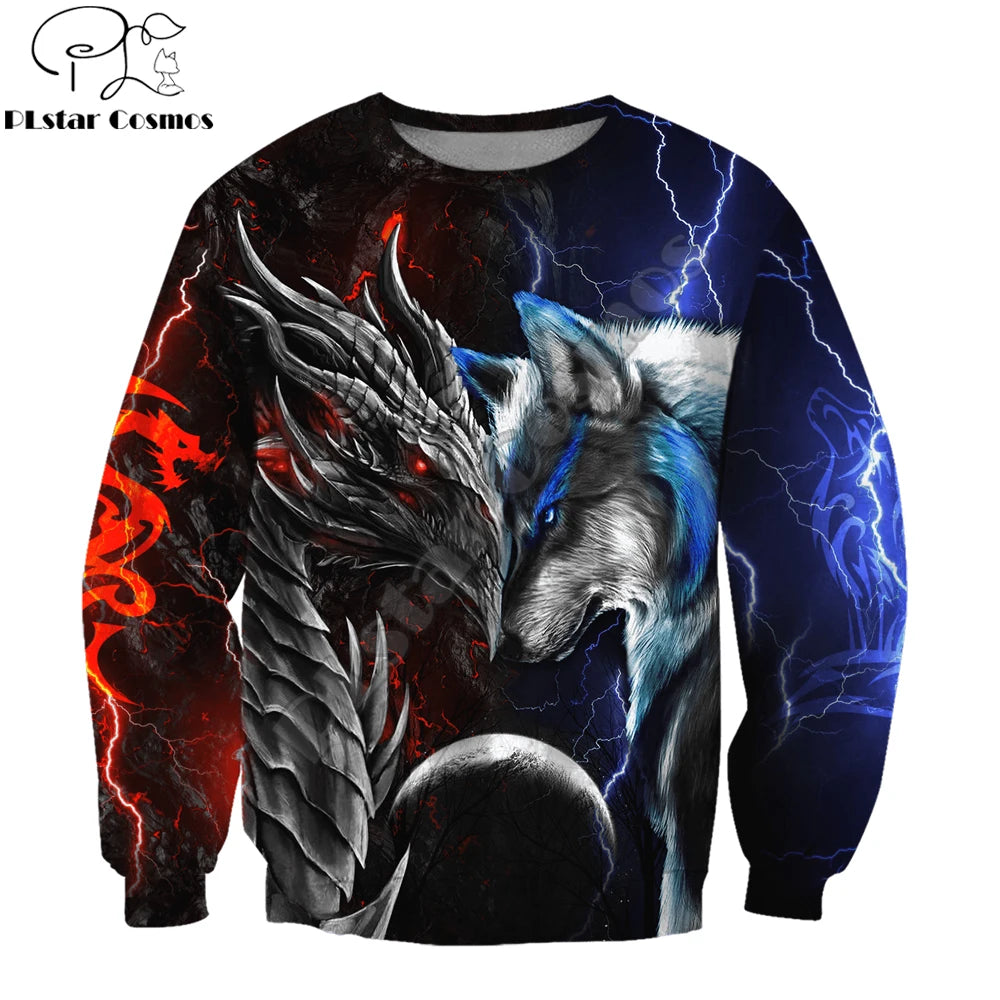 Sweatshirt com capuz de outono para homem, estampado 3D com dragão e lobo vermelho e azul, unissexo, estilo streetwear casual, casaco com fecho, pullover KJ494