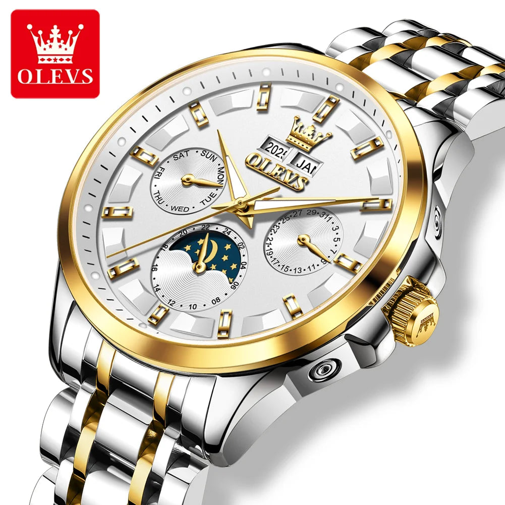 OLEVS 7070 Automatic Men's Watches Luxury Multi functional Perpetual Calendar Moon Phase Luminous Mechanical Wristwatch For Man