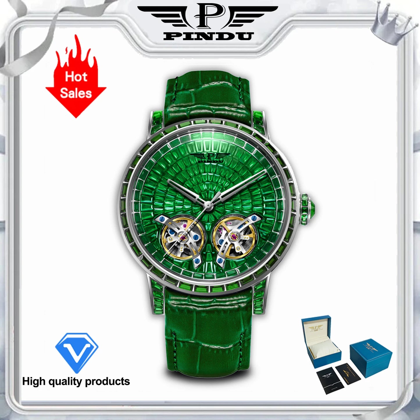 2026 PINDU Design New Diamond Mechanical Watch Men Top Luxury Double Flying Wheel Watch Sapphire Glass Waterproof Watch Leather