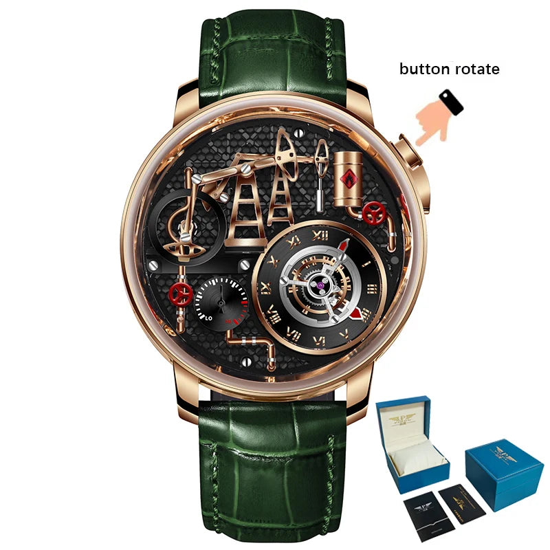 PINDU NEW TOP Quartz Watches Button oil Pump Business Men Wristwatches 45.5MM Sapphire Mirror Waterproof Leather Watch for Men