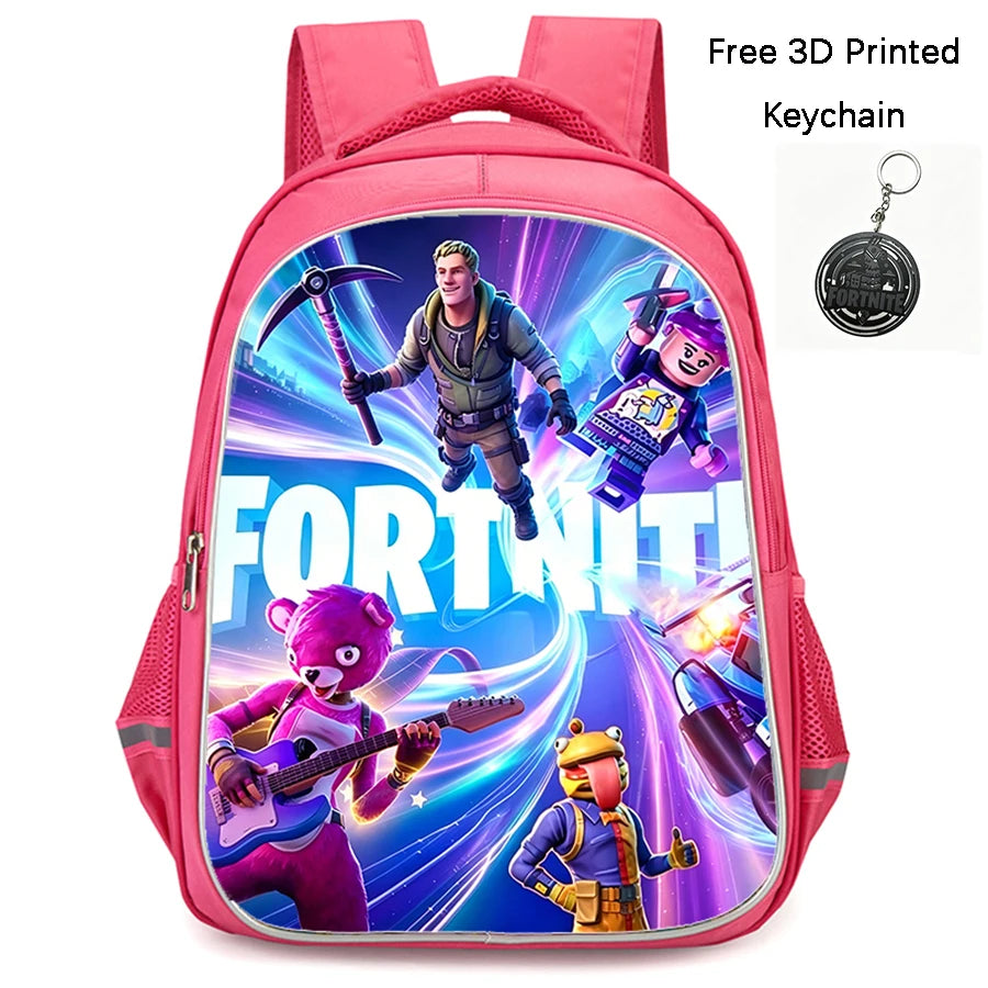 FORTNITE 16-inch Durable Lightweight Backpack, Dual Zipper Pockets, Cartoon Style for Boys & Girls 6-10,Free 3D Printed Keychain