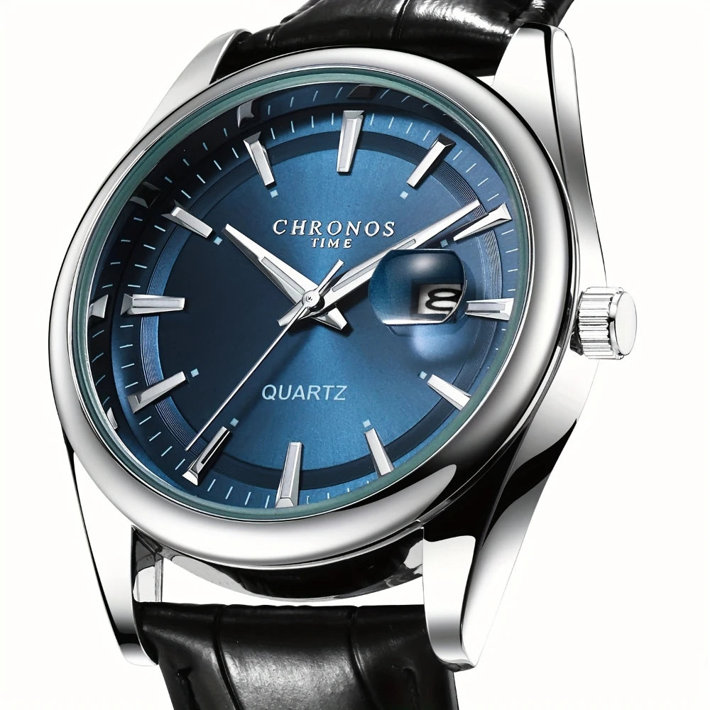 CHRONOS Men Classic Quartz Wrist Watch with Calendar Luminous Dial Leather Strap Casual Business Leisure Outdoor Sports Watches