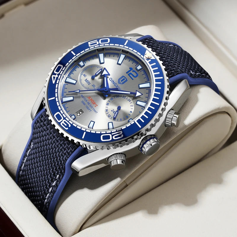 QINGXIYA Brand Luxury Multifunctional Quartz Watch Men Silicone Strap Waterproof Luminous Chronograph Watches Mens Sports Watch