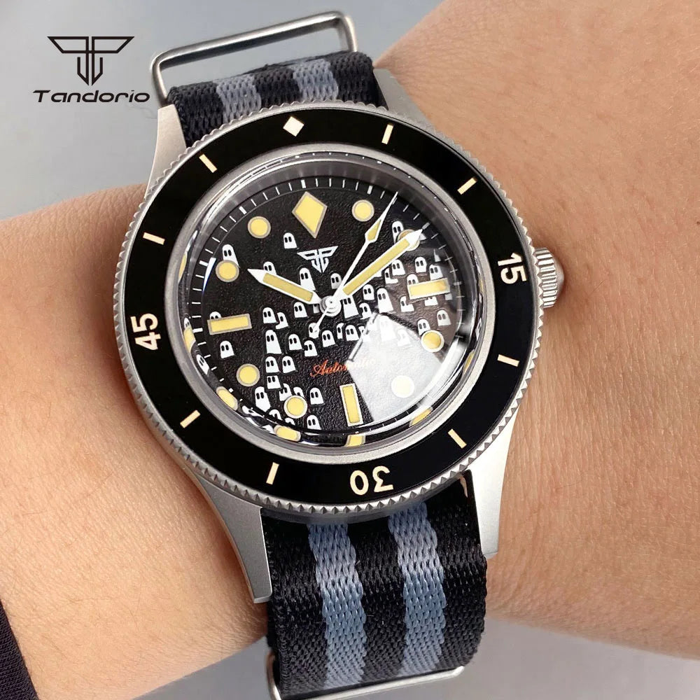 Tandorio Domed Sapphire 40mm Mechanical 50-Fathoms Style Diver Fashion Automatic Men Watch Miyota8215/PT5000 Luminous Ghost Dial
