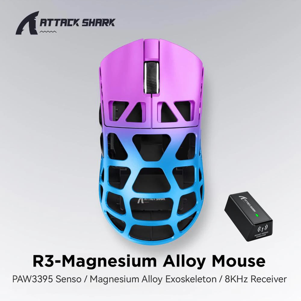 Mouse de gaming ATTACK SHARK R3 din aliaj de magneziu cu structură tip fagure, ultra-ușor, 8K Hz, senzor PAW3395, 26000 DPI, carcasă ergonomică