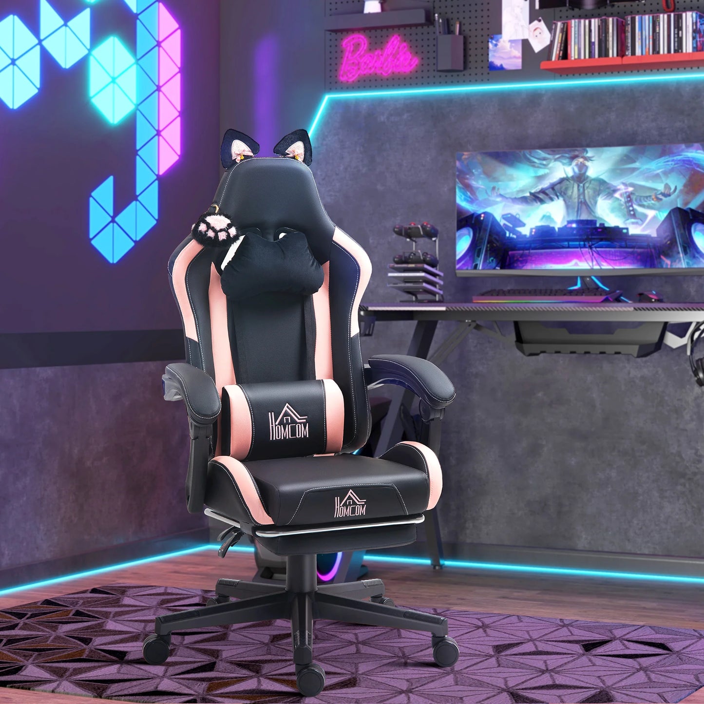 Gaming Chair with Cat Ears Ergonomic Office Chair, Reclining Gaming Chair with Footrest, Adjustable Height Computer Gaming Chair, PU Leather Gaming Chair for Home Office