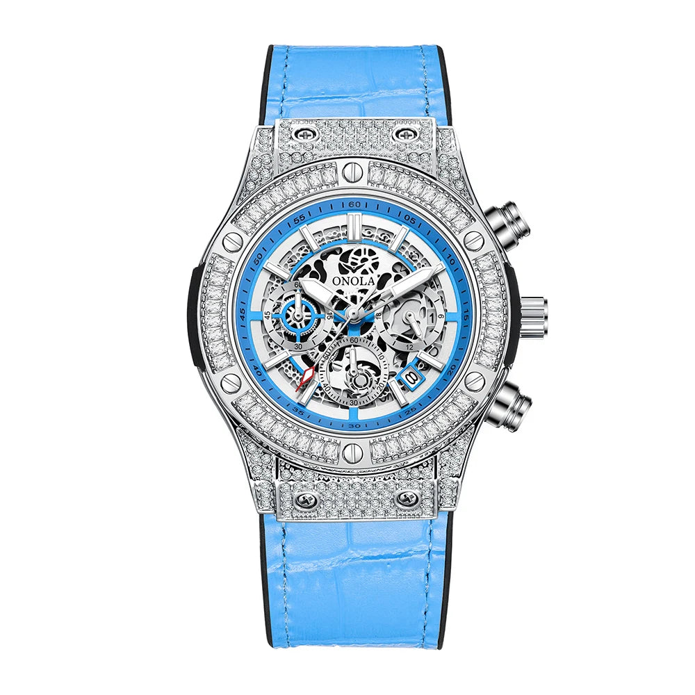 ONOLA Luxury Style Diamond Inlaid Men Quartz Watch Leather Strap Calendar Men Watch 30M Waterproof Men Clock