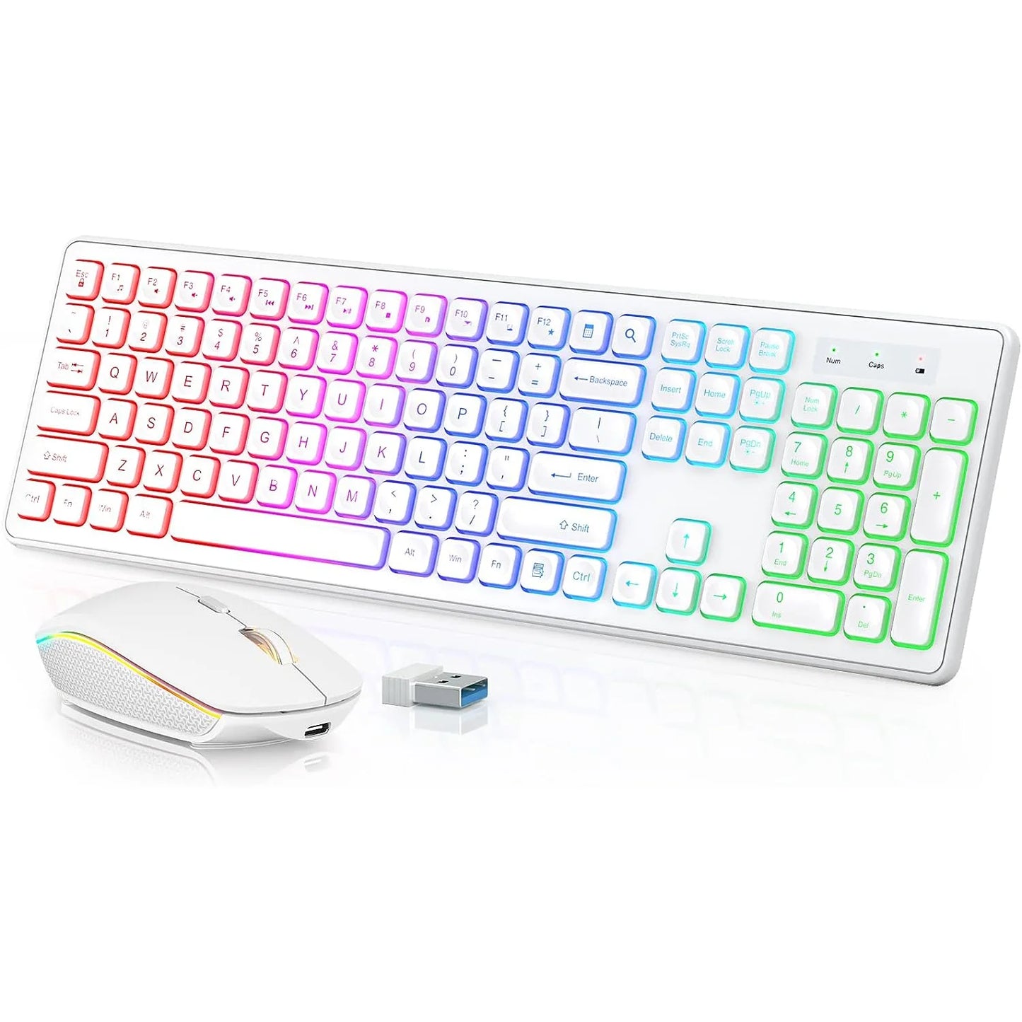 Conjunto de teclado e rato sem fios com retroiluminação RGB, letras iluminadas recarregáveis, tamanho completo, ergonómico, modo de suspensão, 2.4GHz