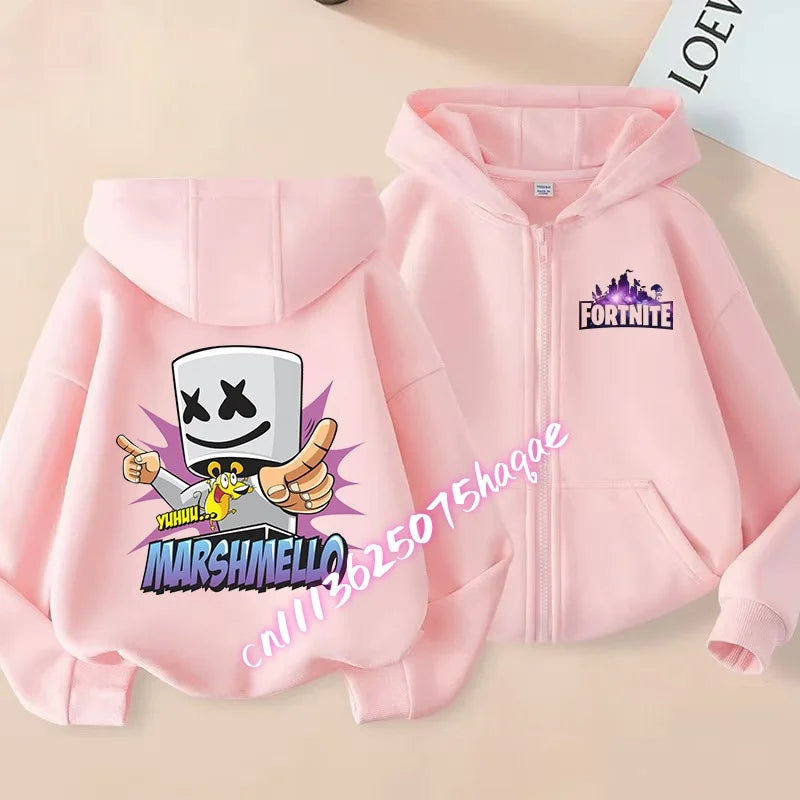 Casaco com capuz infantil Fortnite de outono, com fecho, estampado com personagem de jogo em estilo cartoon, casaco de inverno para criança, roupa para menino