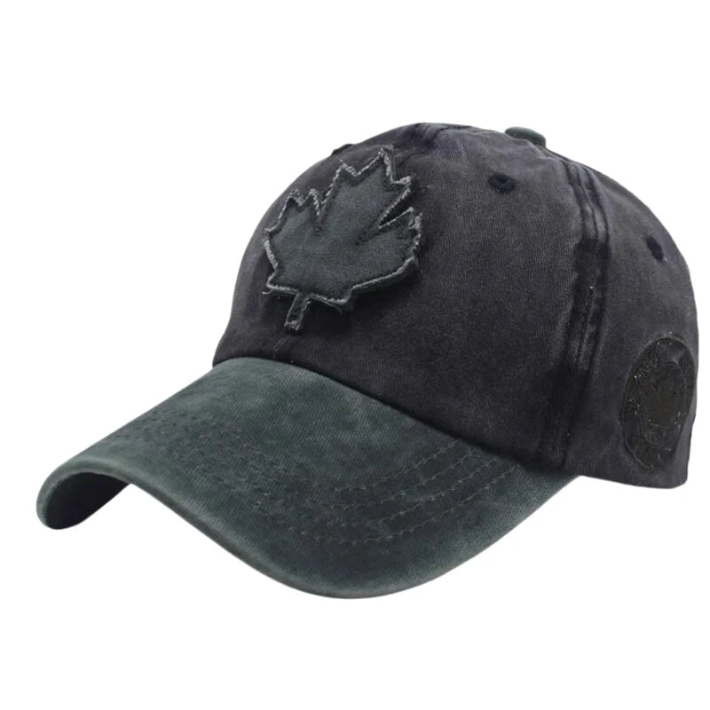 Casual Washed Denim Look Maple Leaf Patch Cap Adjustable Two Tone Outdoor Sport Baseball Hat for Daily Wear
