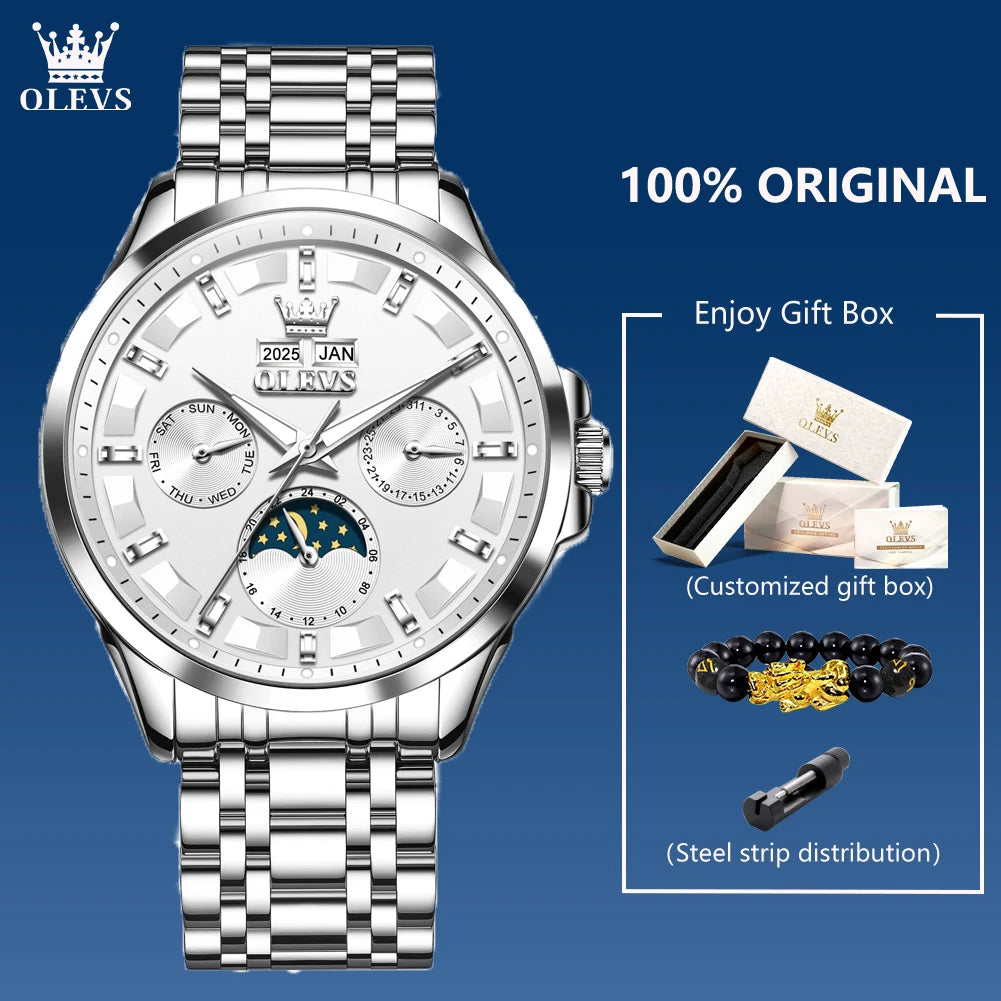 OELVS 7070 New Mens Watch Luxury Automatic Mechanical Watches For Man Moon Phase Waterproof Luminous Steel Watch Gift Box Reloj
