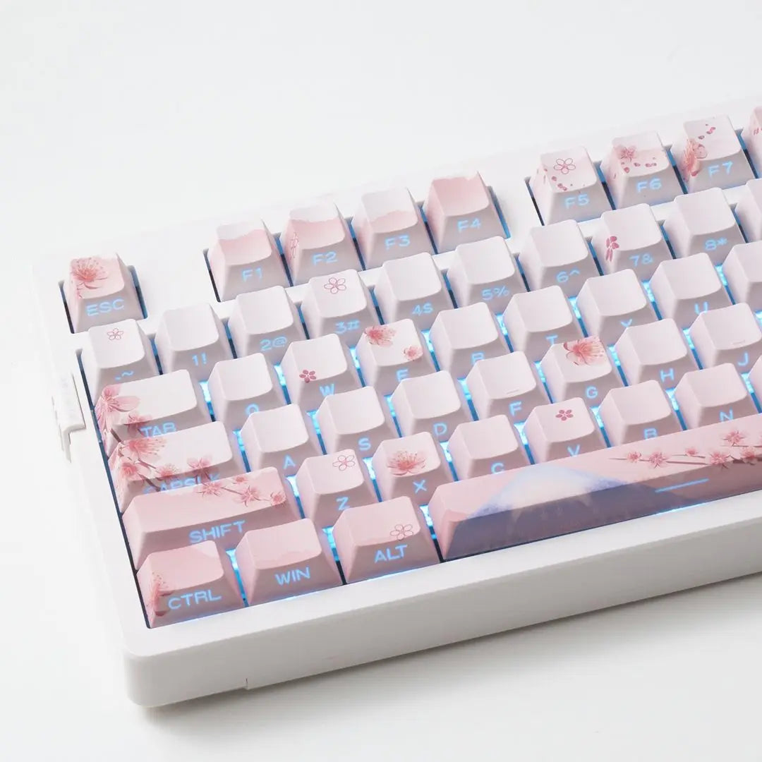 Set di keycap Sakura Pink con incisione laterale, PBT traslucido, 127 tasti, per switch MX e tastiere meccaniche 60/84/90/104/108