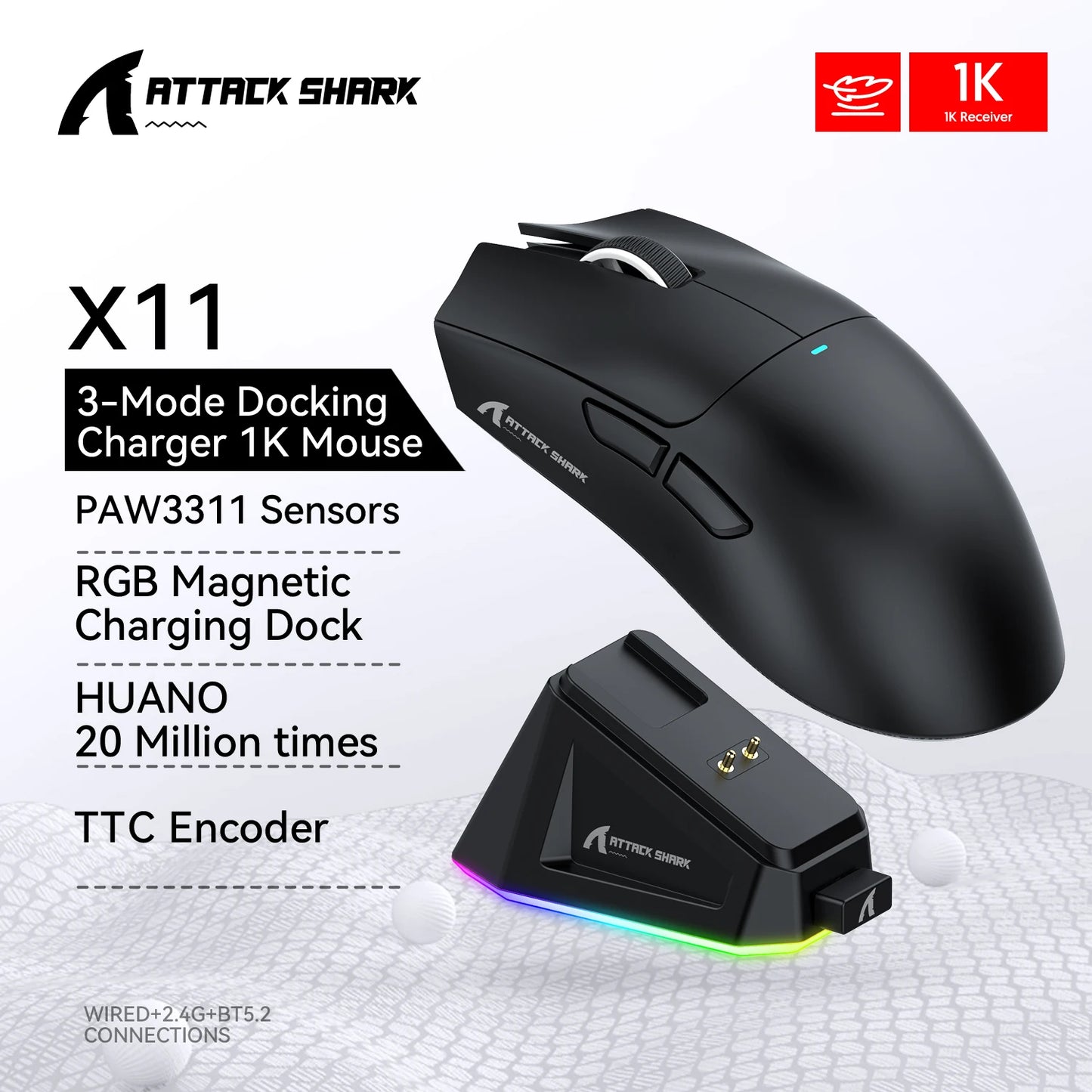 ATTACK SHARK X11 žaidimų pelė ir X11 SE belaidė pelė, 22000 DPI, PAW3311 jutiklis, BT/2.4G/laidinė, lengva 59g, 2000W paspaudimų