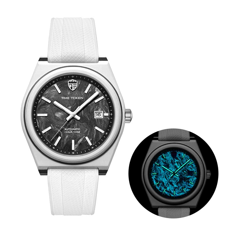 TIME TOKEN Nuevo reloj de buceo de 40mm de fibra de carbono luminosa para hombre, reloj mecánico automático de lujo con calendario, cristal de zafiro y resistencia al agua de 100m