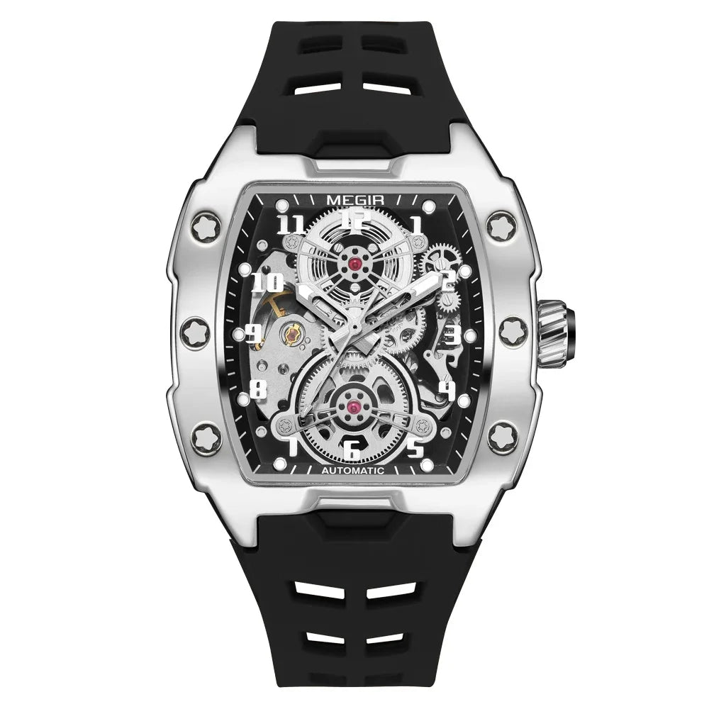 MEGIR Fashion Sport Alloy Case Men Mechanics Watch Waterproof Silicone Band Barrel Shaped Dial Luminous Pointer Man Wristwatches