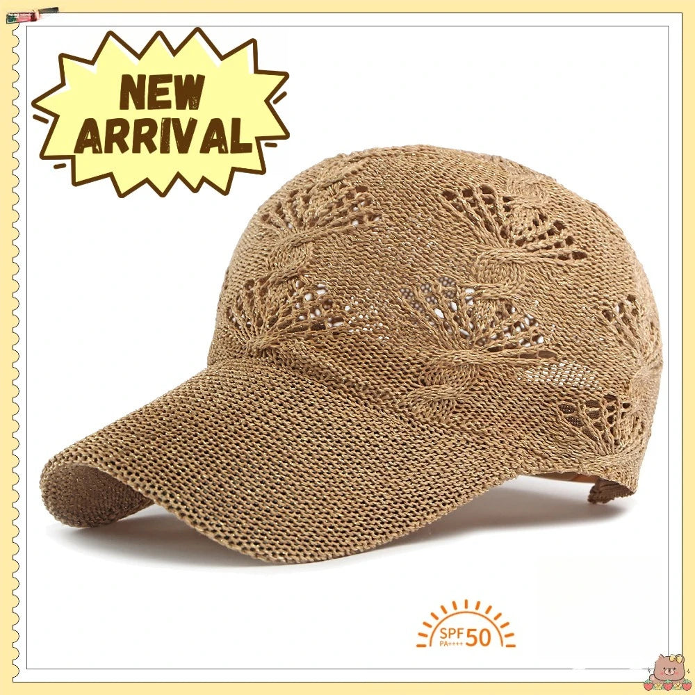 Summer Glossy Openwork Knit Baseball Cap for Women,Outdoor Sun Protection Hat Breathable Flattering Versatile