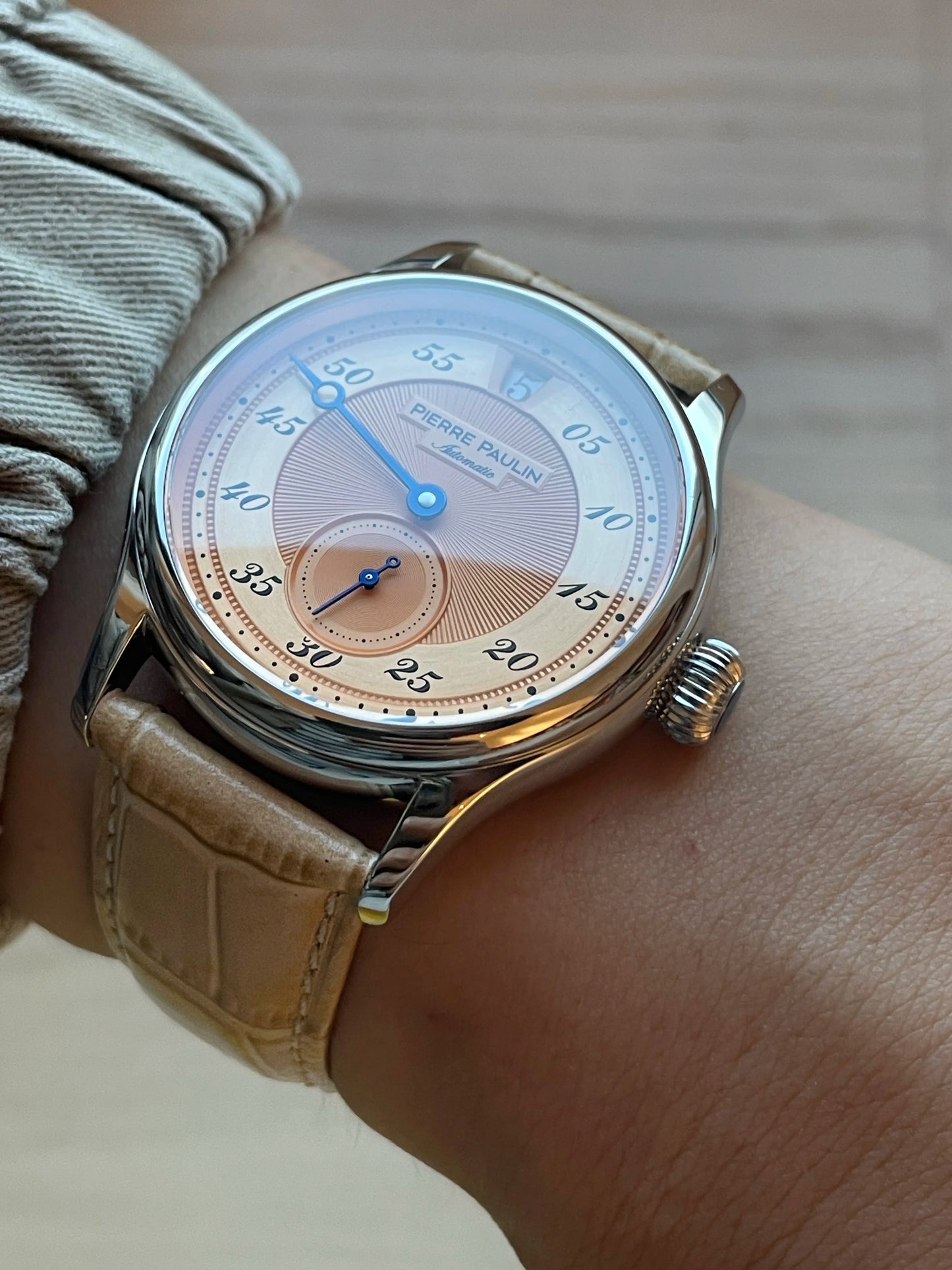 42mm PIERRE PAULIN Jumping Hour Watch Men's Salmon Dial Sapphire Watch For Men Automatic Mechanical Wristwatch Relogio Masculino