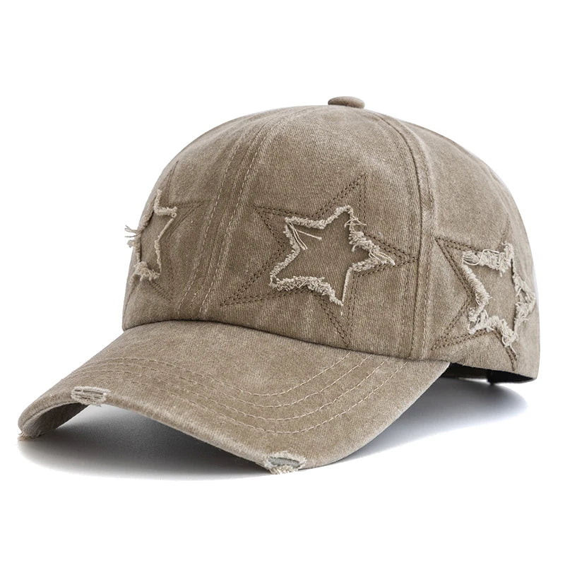 New Women's Five Pointed Star Design Washed Cotton Baseball Cap Fashion Street Dad Hat
