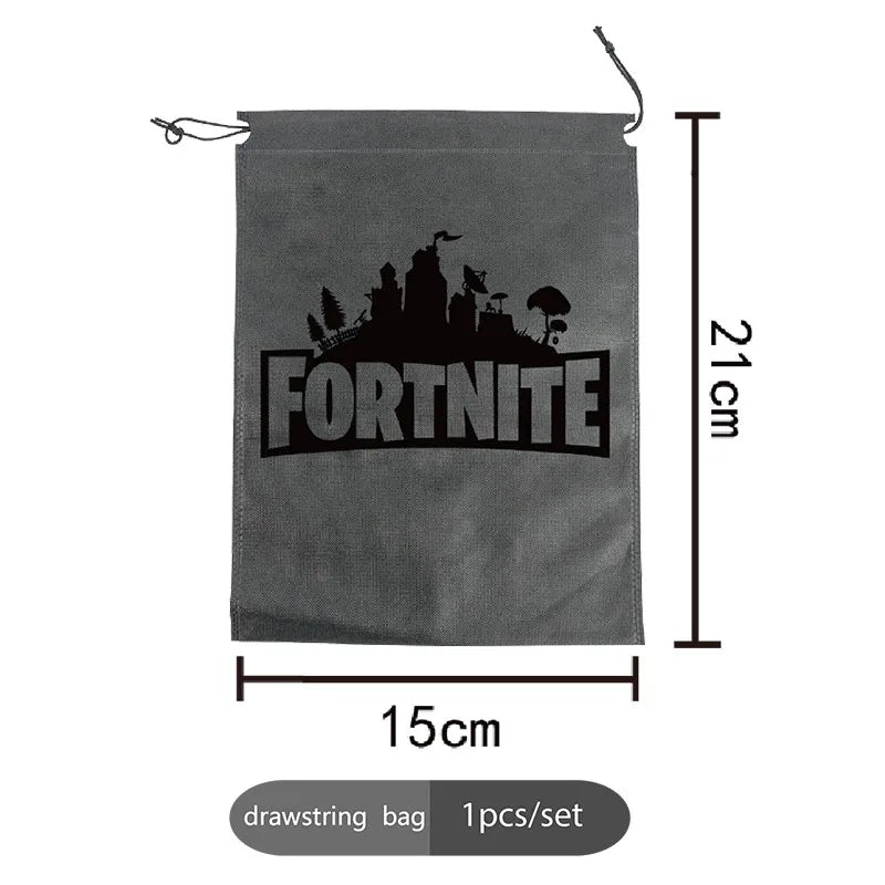 Fortnight témájú sorozat fekete/ezüst kis zsinóros táska, hordozható tároló, rajzfilmes zseb, ajándék születésnapi parti dekorációhoz