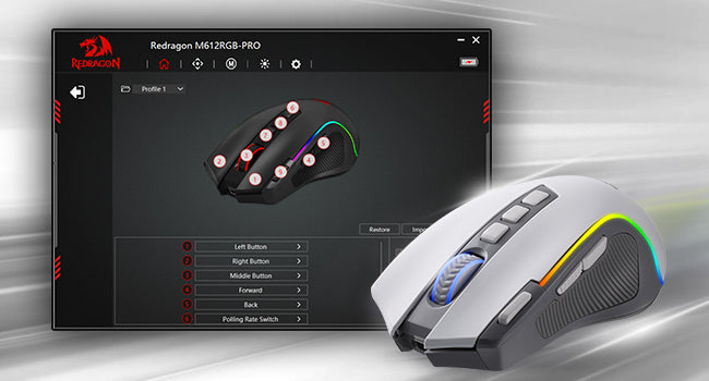 Redragon M612 PRO RGB BT 2.4G gaming miška, brezžična optična miška 8000 DPI z 9 programabilnimi gumbi in 7 načini osvetlitve, B