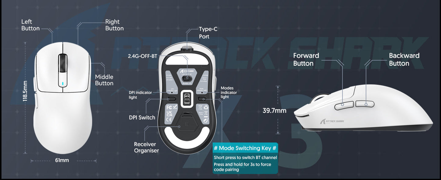 ATTACK SHARK X3 Wireless Gaming Mouse PixArt PAW3395 49g SUPERLIGHT, BT/2.4G Wireless/Wired, 6 Adjustable DPI up to 26000