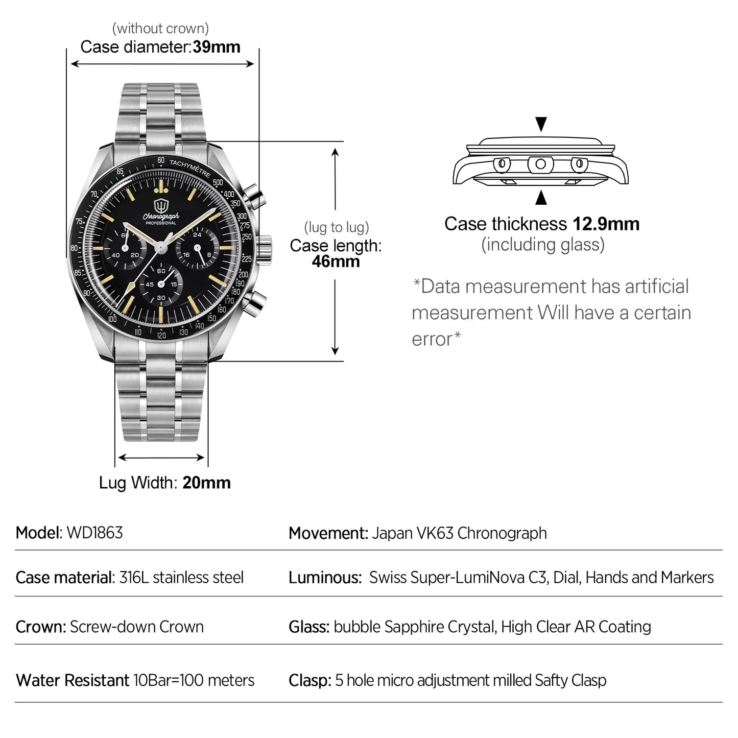 Watchdives WD1863 Watch VK63 Quartz Chronograph Movement Bubble Sapphire Crystal 100m Waterproof Luminous 39mm Vintage Watches