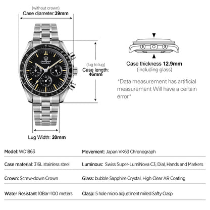 Watchdives WD1863 Watch VK63 Quartz Chronograph Movement Bubble Sapphire Crystal 100m Waterproof Luminous 39mm Vintage Watches