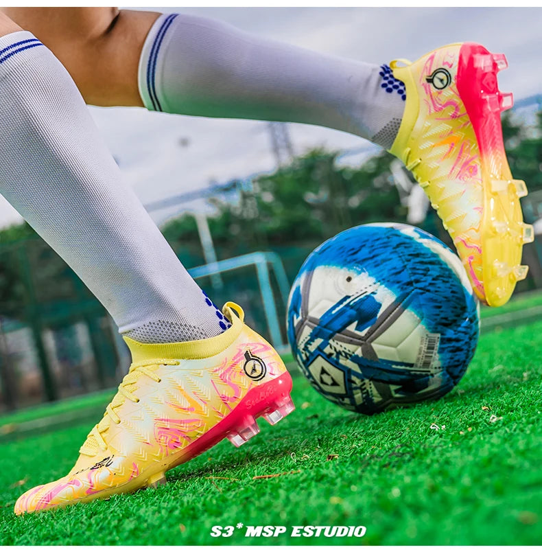 Chuteiras de Futebol Profissionais para Homem de Cano Alto, Pitons FG e TF, Ténis para Treinos e Jogos ao Ar Livre, Multicolor, Resistentes ao Desgaste