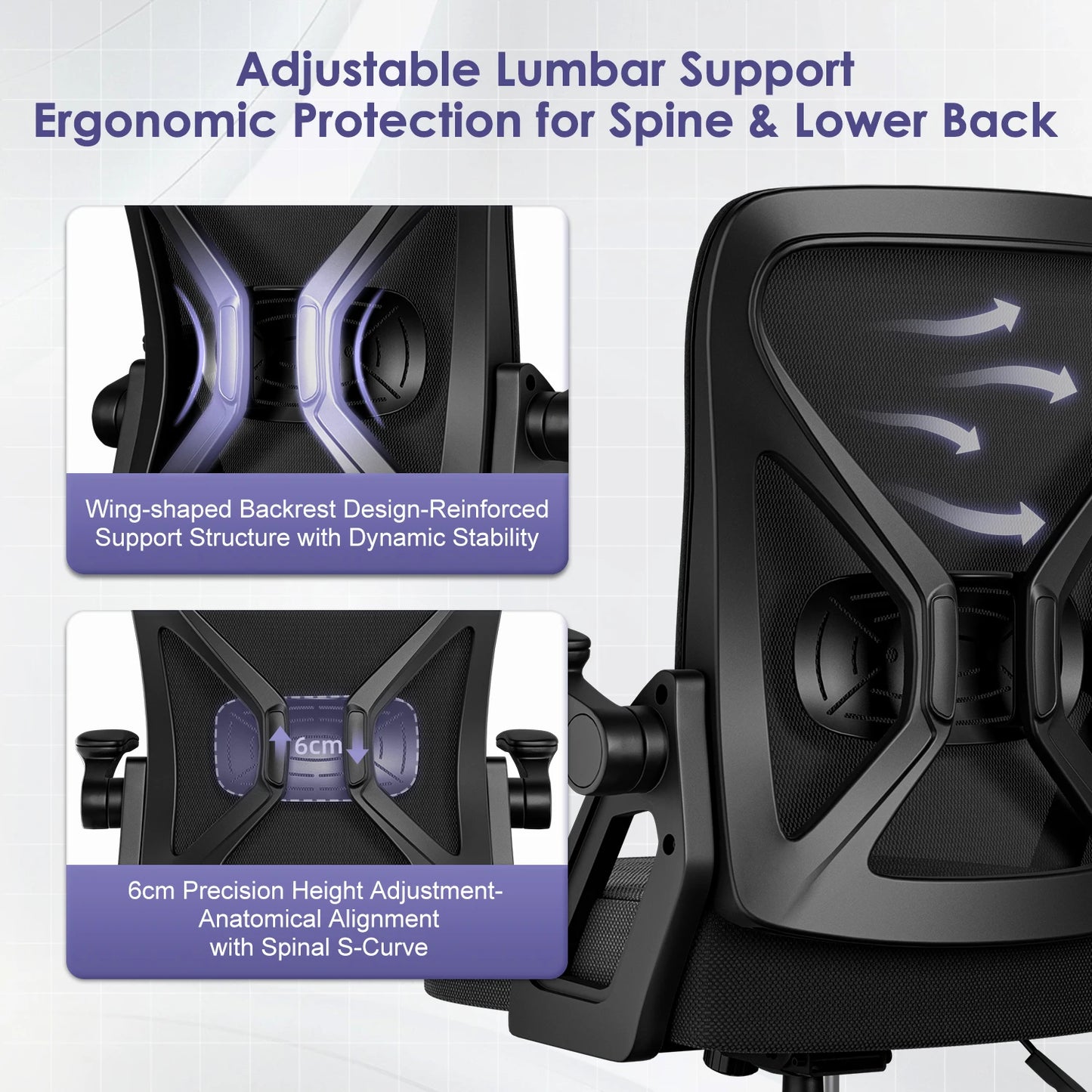 Hiazurm Ergonomic Office Chair, with Adjustable Lumbar Support, 90° Foldable Armrests & Rocking Function, 150kg Capacity