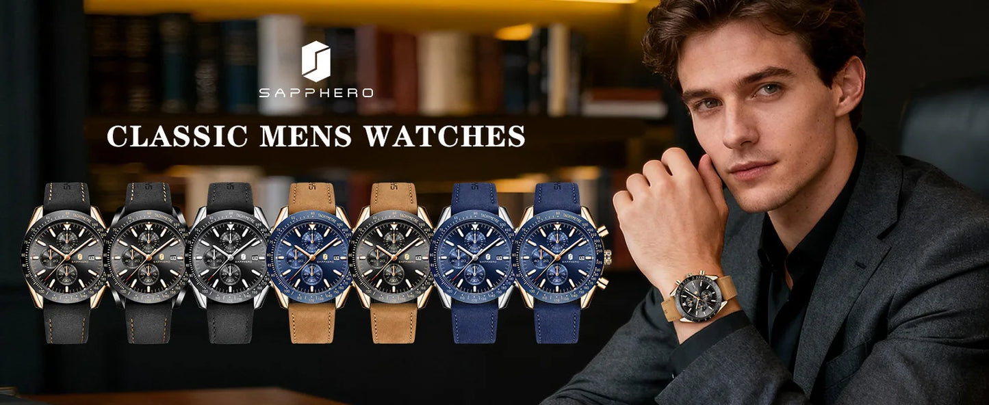 SAPPHERO Men Chronograph Watch High Precision Quartz Movement Blue Dial Date Display 50M Waterproof Luxury Sport Wristwatch Gift
