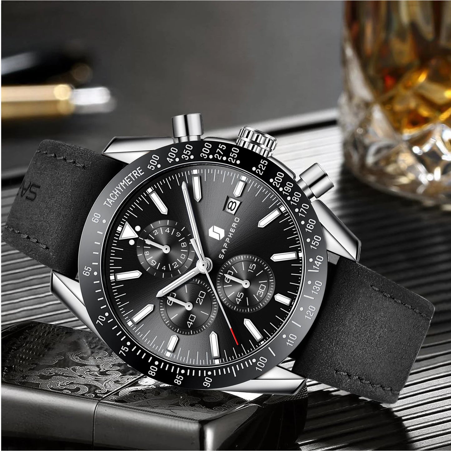 SAPPHERO Men Chronograph Watch High Precision Quartz Movement Blue Dial Date Display 50M Waterproof Luxury Sport Wristwatch Gift