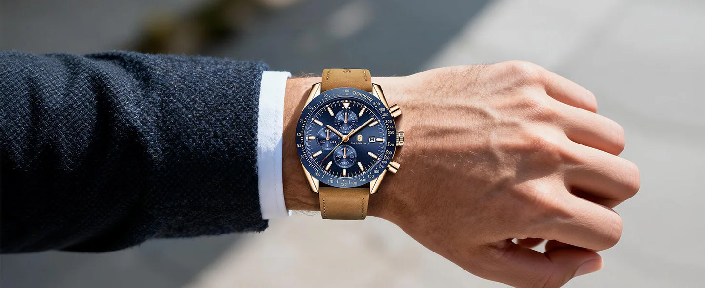 SAPPHERO Men Chronograph Watch High Precision Quartz Movement Blue Dial Date Display 50M Waterproof Luxury Sport Wristwatch Gift