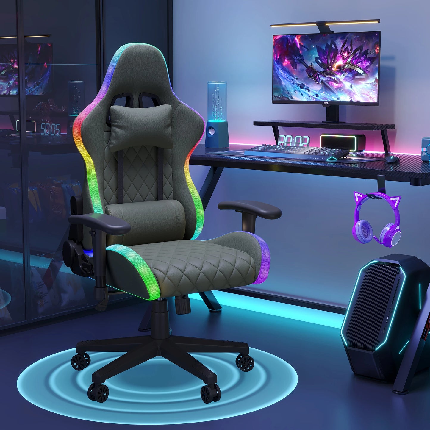 Comanlai Rgonomic Gaming Chair with RGB Lighting, PVC Leather Computer Chair, Adjustable Seat Height and Backrest, Waist Massage
