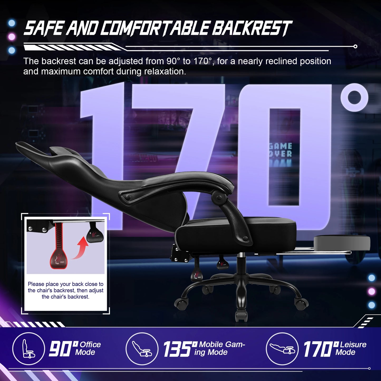 HIAZURM Ergonomic Gaming Chair / Office Chair for Adults – Computer Chair with Footrest, Adjustable Backrest 90-170°, 150kg Capacity