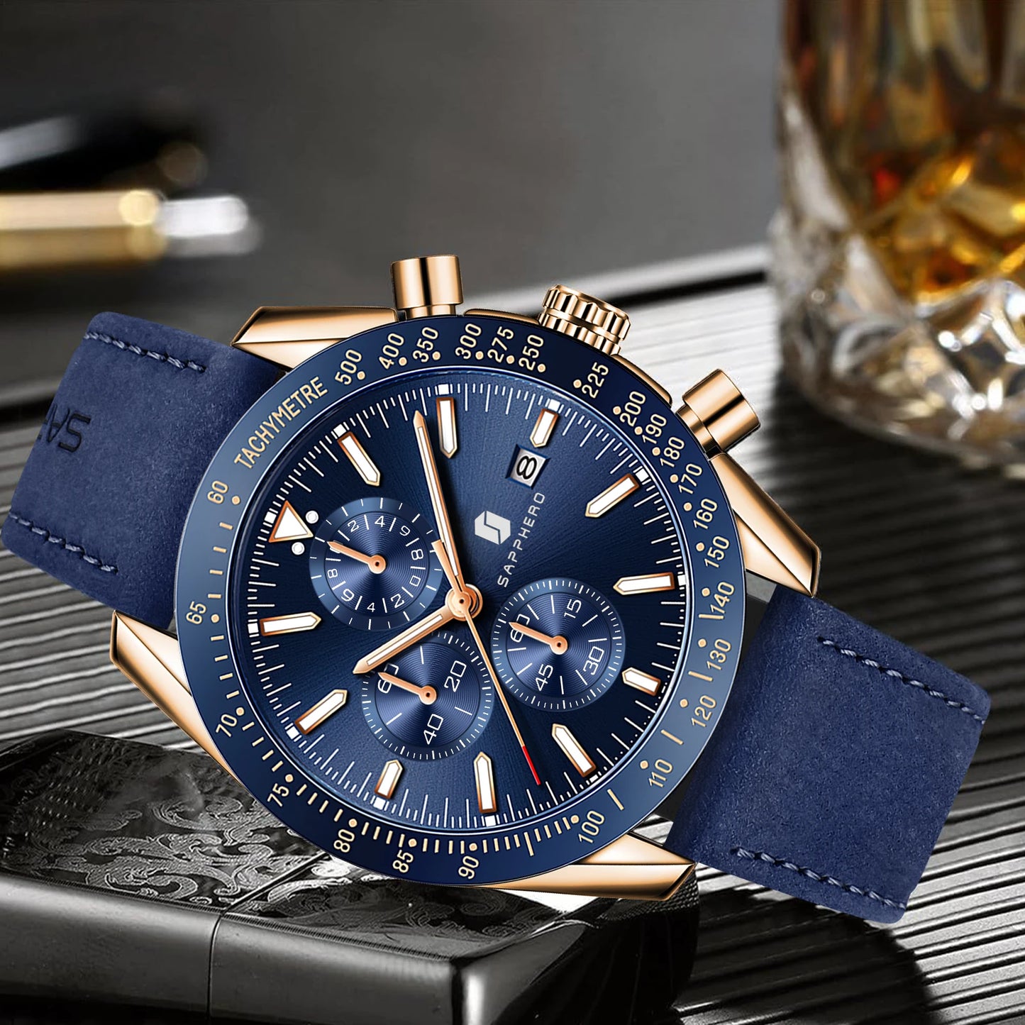 SAPPHERO Men Chronograph Watch High Precision Quartz Movement Blue Dial Date Display 50M Waterproof Luxury Sport Wristwatch Gift