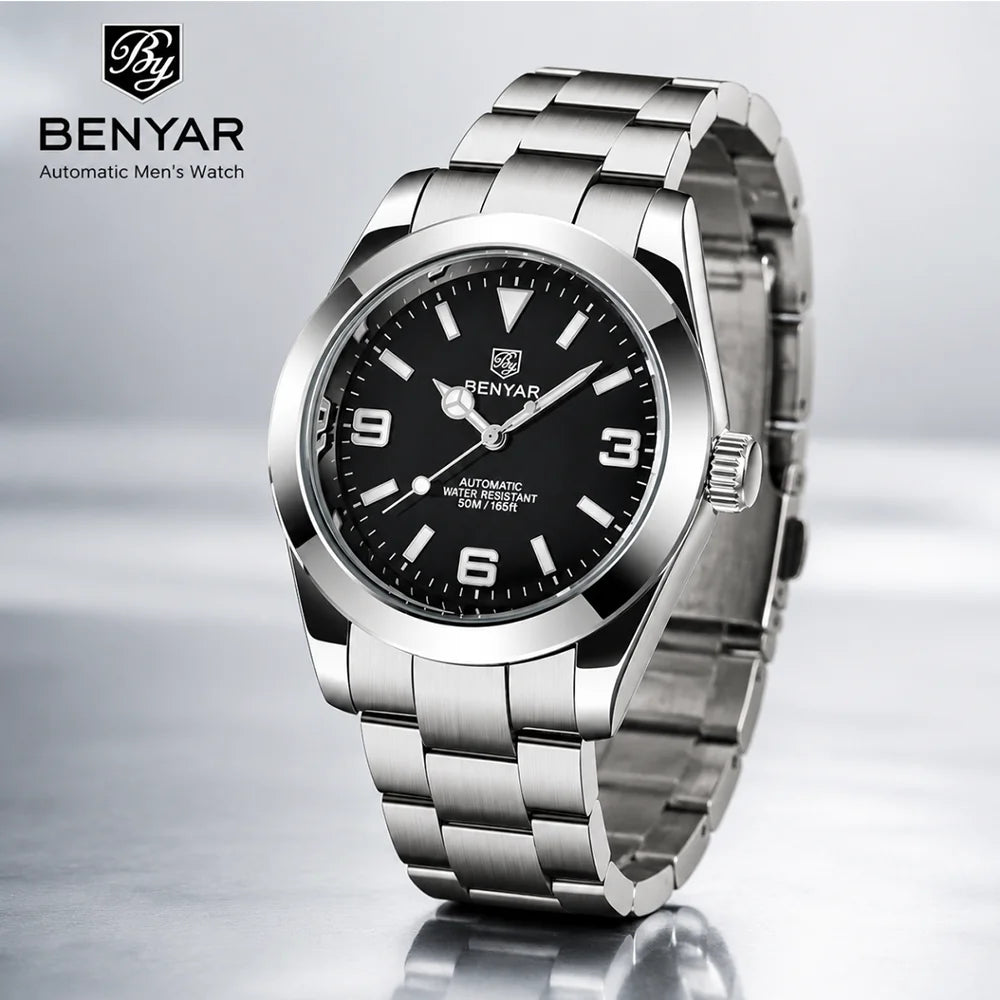BENYAR Luxury Men Mechanical Wristwatches Stainless Steel Sports Men Automatic Watches 50ATM waterproof Clock