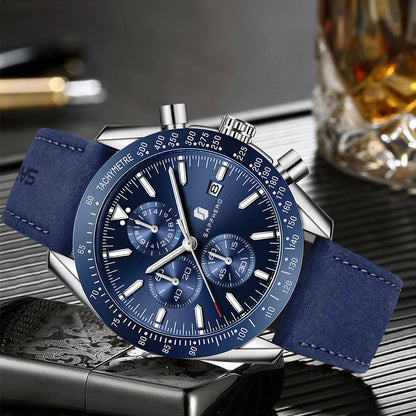SAPPHERO Men Chronograph Watch High Precision Quartz Movement Blue Dial Date Display 50M Waterproof Luxury Sport Wristwatch Gift
