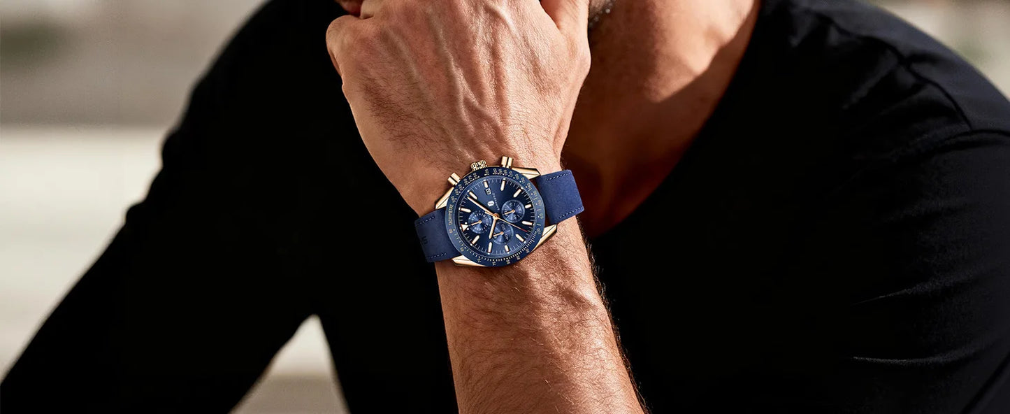 SAPPHERO Men Chronograph Watch High Precision Quartz Movement Blue Dial Date Display 50M Waterproof Luxury Sport Wristwatch Gift