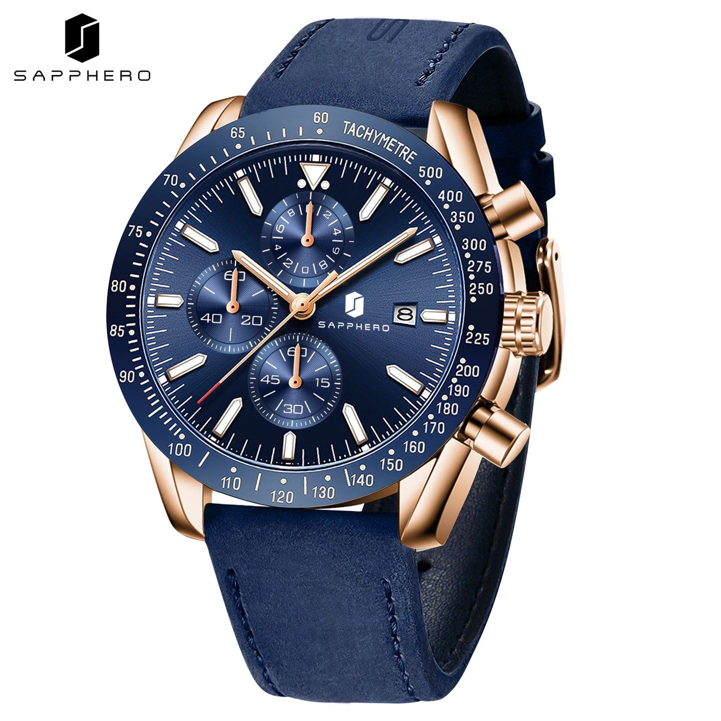 SAPPHERO Men Chronograph Watch High Precision Quartz Movement Blue Dial Date Display 50M Waterproof Luxury Sport Wristwatch Gift
