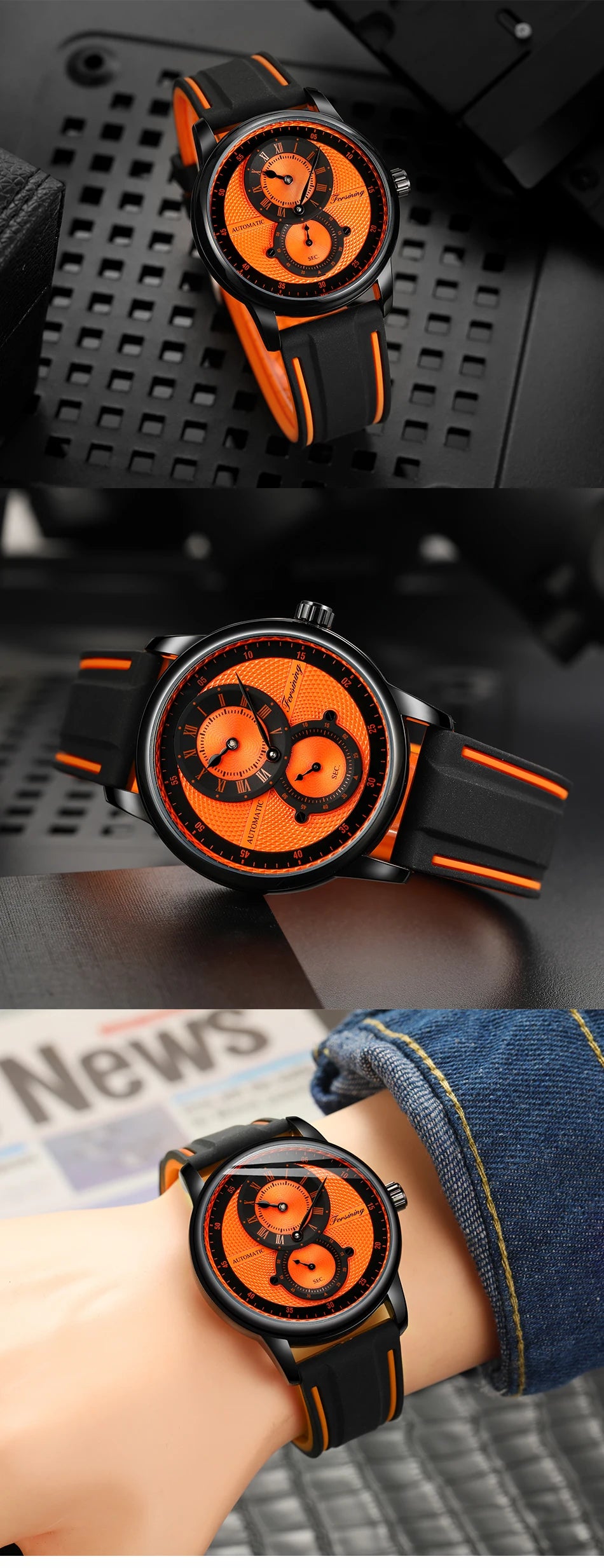 Men Wristwatch Blue White Dial Automatic Transparent Mechanical Watch Silicone Rubber Band Male Sport Clock Relogio Masculino