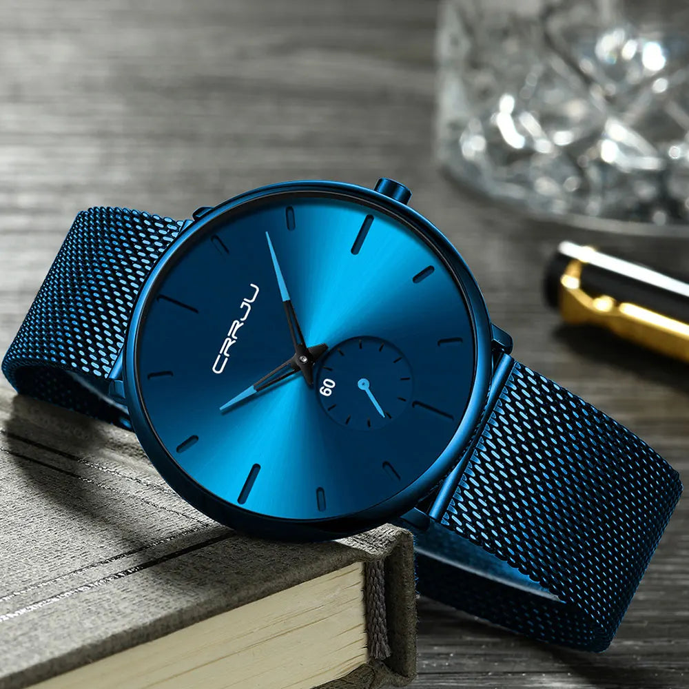 Orologio da uomo CRRJU – Orologio al quarzo di lusso, stile casual, sottile, con bracciale a maglia in acciaio, impermeabile e sportivo.