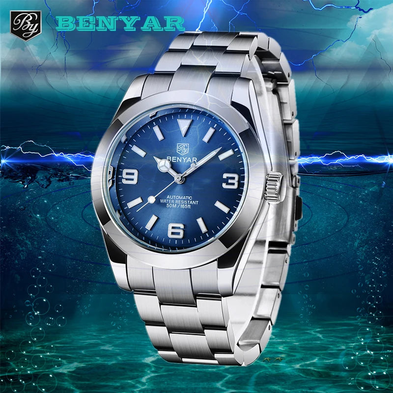 BENYAR Luxury Men Mechanical Wristwatches Stainless Steel Sports Men Automatic Watches 50ATM waterproof Clock