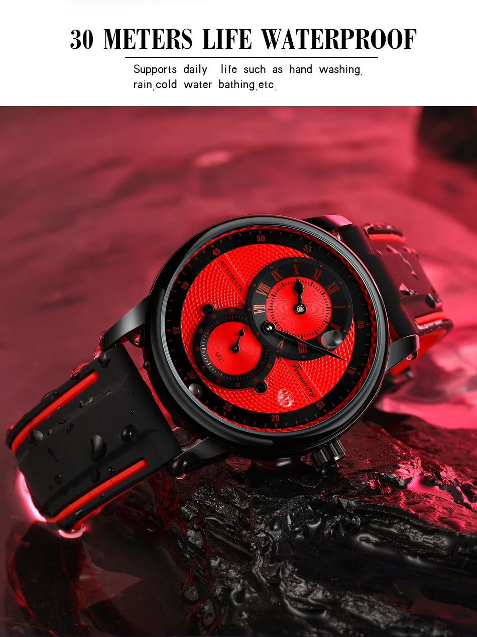 Men Wristwatch Blue White Dial Automatic Transparent Mechanical Watch Silicone Rubber Band Male Sport Clock Relogio Masculino