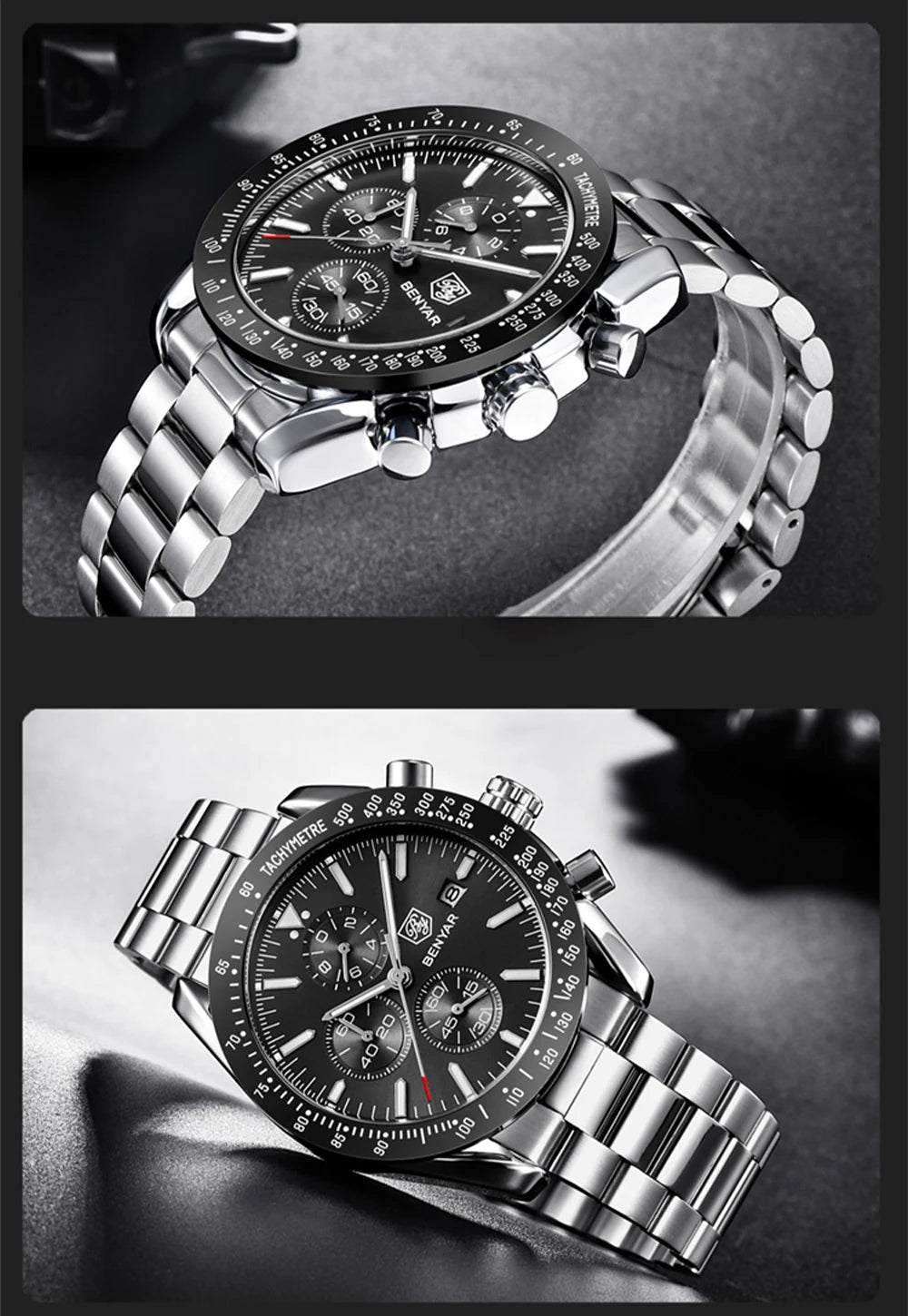 Relógios de luxo para homem BENYAR – Relógios de pulso de quartzo com bracelete em pele, resistentes à água até 30 m, estilo desportivo.