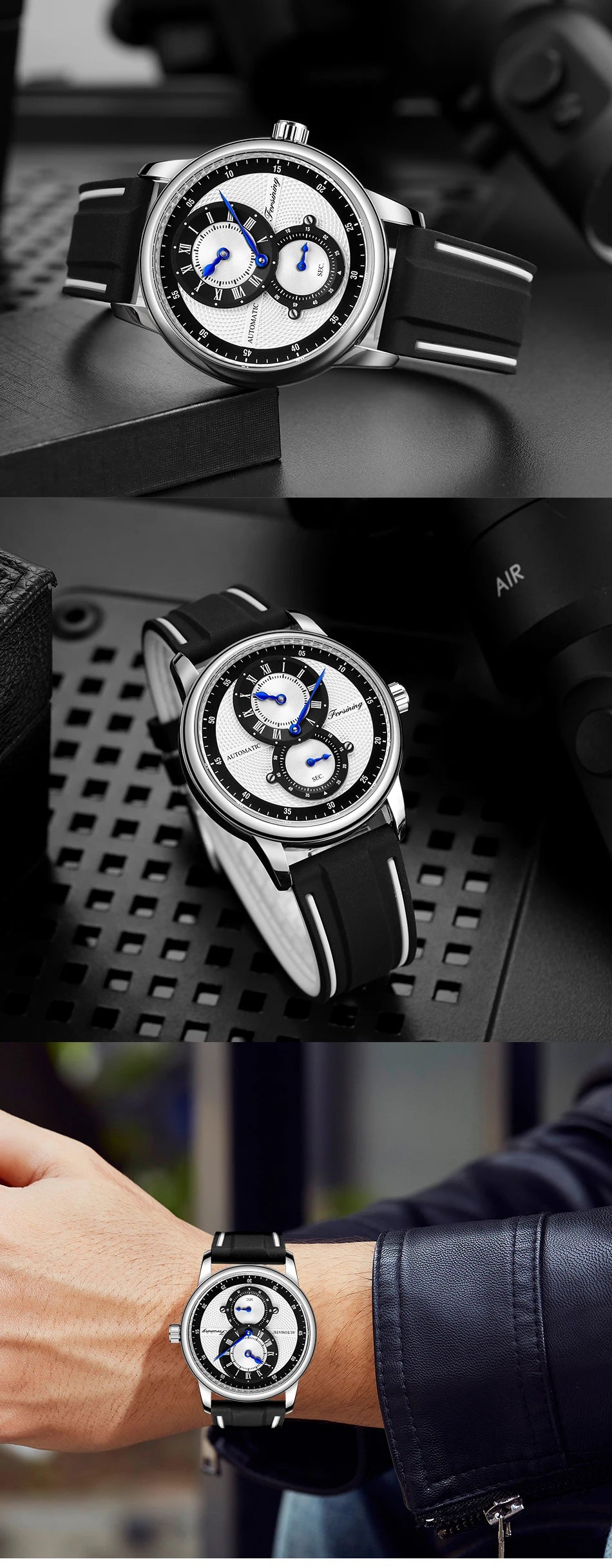 Men Wristwatch Blue White Dial Automatic Transparent Mechanical Watch Silicone Rubber Band Male Sport Clock Relogio Masculino