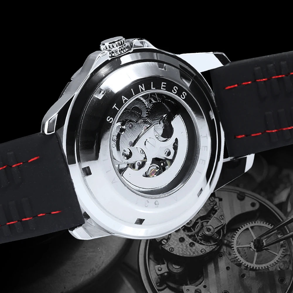 Relógio automático para homem WINNER – Modelo mecânico esqueletizado, ponteiros luminescentes, bracelete em borracha, estilo desportivo e luxuoso, ideal para atividades ao ar livre