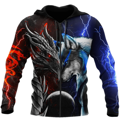 Sweatshirt com capuz de outono para homem, estampado 3D com dragão e lobo vermelho e azul, unissexo, estilo streetwear casual, casaco com fecho, pullover KJ494