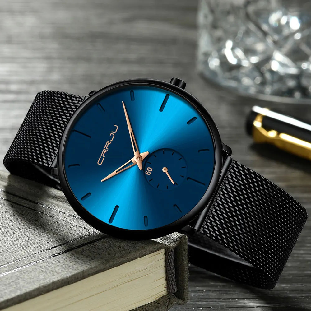 Orologio da uomo CRRJU – Orologio al quarzo di lusso, stile casual, sottile, con bracciale a maglia in acciaio, impermeabile e sportivo.