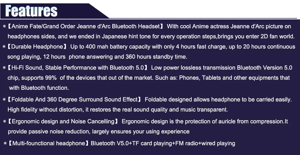 Wireless Silent Disco Headphone Anime Fate/Grand Order FGO Jeanne d'Arc Stereo Bluetooth Headphone for Playing Games Earphone