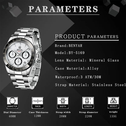 Relojes Hombre 2026 BENYAR New  Watches Men Luxury Brand Chronograph Male Sport Watches Waterproof Stainless Steel Quartz  Watch